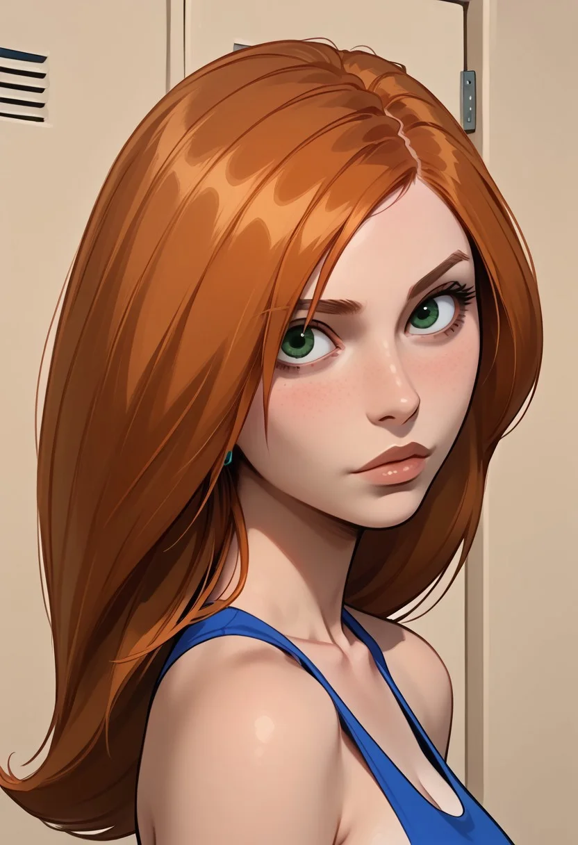 score_9, score_8, score_7, score_8_up, 1girl, bonnie and kim possible, (1petite, Kim Possible), Expressiveh, redhead, small neck, solo, freckles, (long hair, green eyes), smooth hair, medium hair, long eyelashes, collarbone, side view,  jewelry, piercings, close up view, (looking at viewer), close up view, in a school, light blue lockers, cheerleader top, (sideboob),