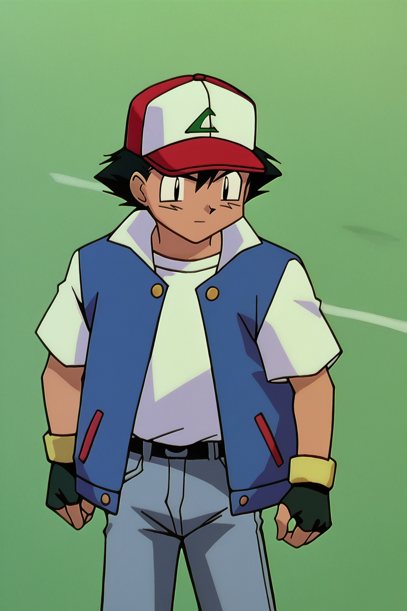 score_9,score_8_up, score_7_up, BREAK ict style,retro artstyle,ash ketchum, 1boy, solo,baseball cap, blue jacket,open jacket, jeans, white shirt, fingerless gloves, cowboy shot,black hair, black eye   <lora:PokeMoviesPony:1>