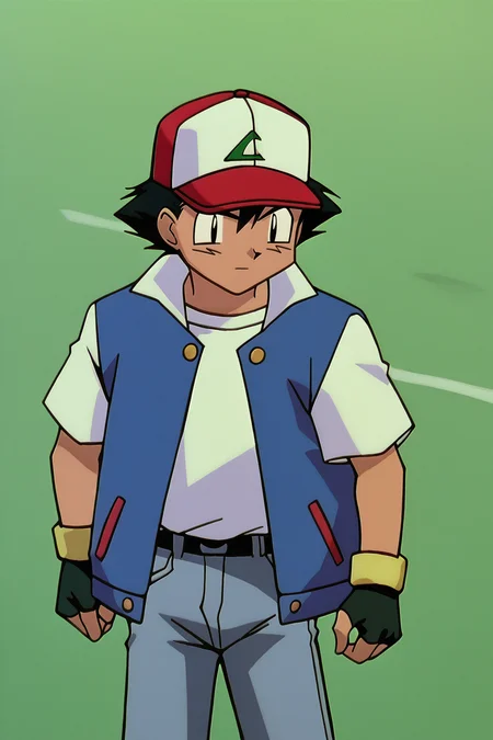 score_9,score_8_up, score_7_up, BREAK ict style,retro artstyle,ash ketchum, 1boy, solo,baseball cap, blue jacket,open jacket, jeans, white shirt, fingerless gloves, cowboy shot,black hair, black eye   <lora:PokeMoviesPony:1>