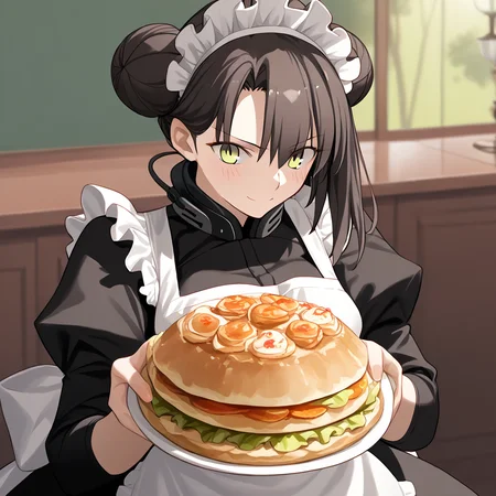 <lora:Takeuchi_Takashi_PonyXL_style_v01:1>
<lora:agent.pony:1>
score_9 , score_8_up , score_7_up , source_anime , 
masterpiece , best quality , ultra-detailed , 
BREAK
agent \(girls' frontline\), maid
1girl , woman , huge breasts , light smile , light blush , ((jeanne d'arc (fate)):0.5)  , 
long black hair  , maid dress ,  
eating