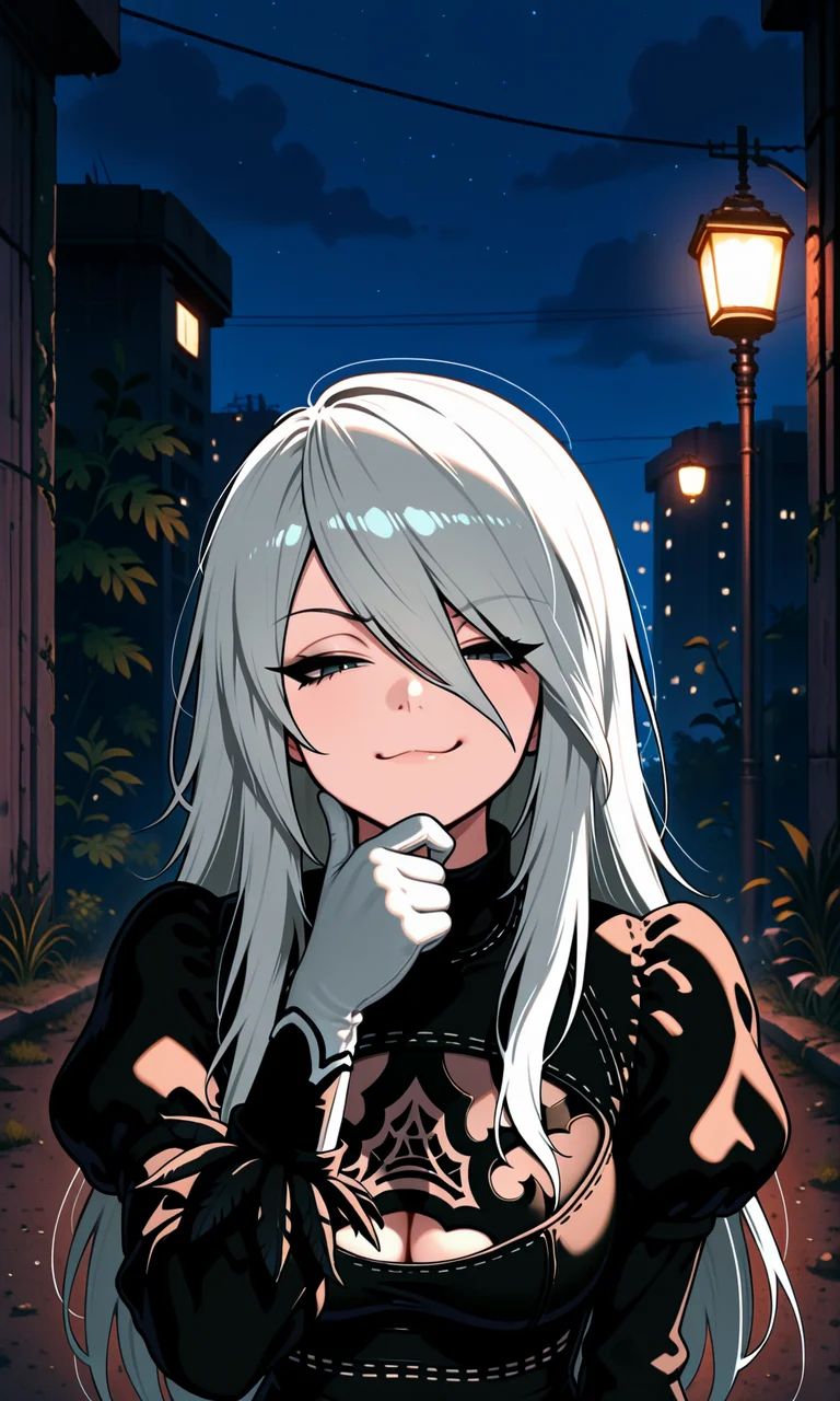 embedding:IllusP0s, f3rn4nd0, 1girl, solo, 2b_\(nier automata\), smug, rubbing chin, half-closed eyes, emo haircut, long asymmetrical bangs, sidelocks, long hair, eyeliner, outdoors, night, outdoors,<lora:emo_haircut_illustrious.safetensors:1:1>