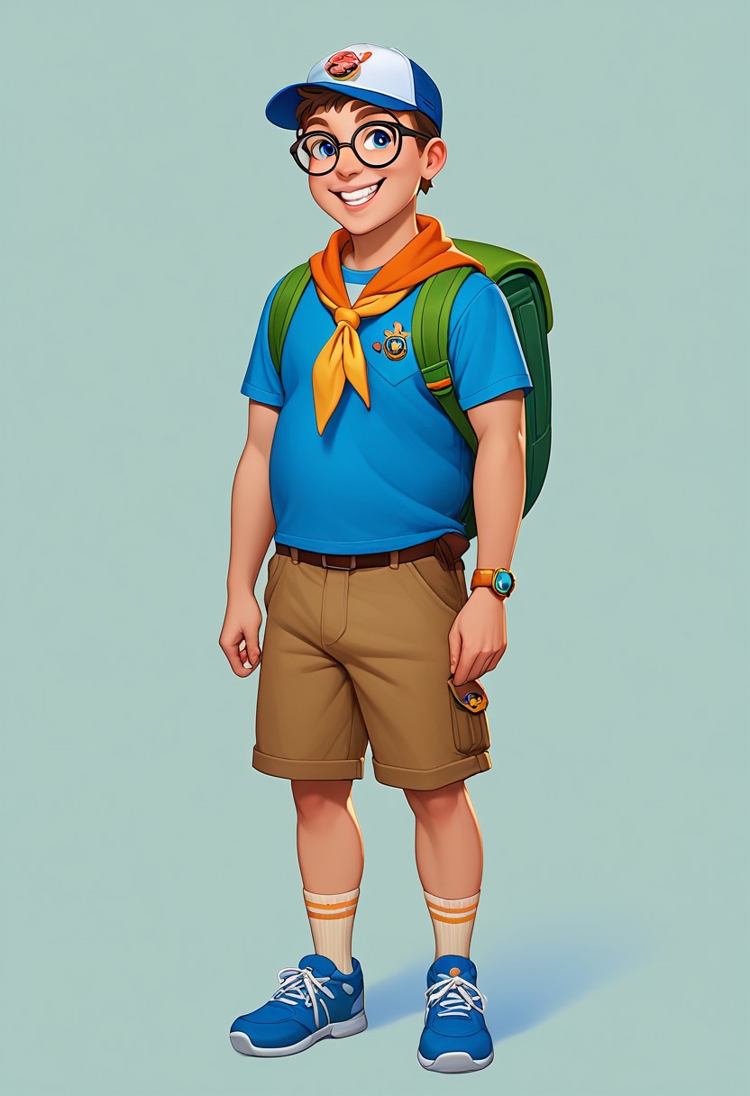 score_9, score_8_up, score_7_up, mgas, BREAK 1boy, little boy, solo, fat, smile, joyful, scout, without one tooth, teeth, short brown hair, blue eyes, round black-rimmed glasses, yellow handkerchief fastened with a bead around his neck, green backpack, red T-shirt with an orange pattern, brown shorts, brown strap with a gray buckle, light brown socks with thin stripes, blue shoes, blue and white cap, badge hanging on the strap of a backpack, BREAK his hands holding onto the straps of his backpack, standing, full body, full body shot, looking at viewer, semi-sideways, half-sideways, BREAK simple background, white background