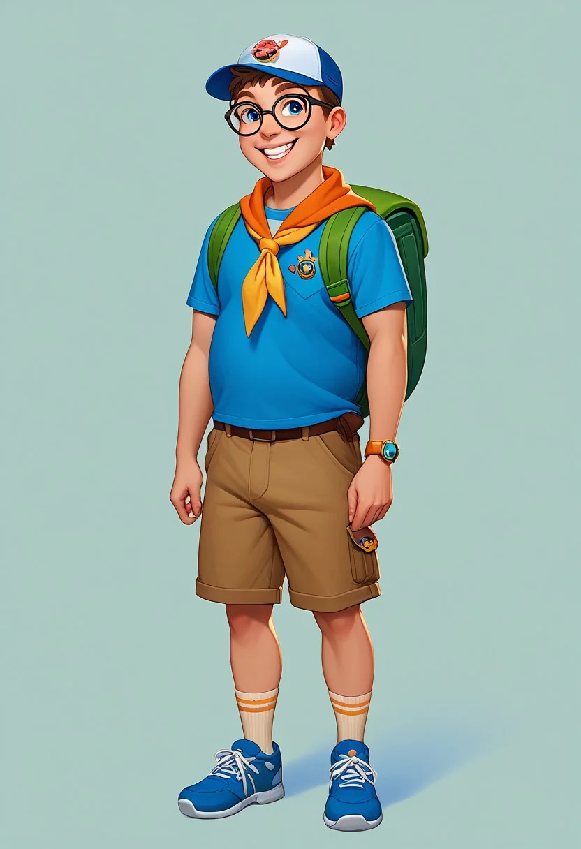 score_9, score_8_up, score_7_up, mgas, BREAK 1boy, little boy, solo, fat, smile, joyful, scout, without one tooth, teeth, short brown hair, blue eyes, round black-rimmed glasses, yellow handkerchief fastened with a bead around his neck, green backpack, red T-shirt with an orange pattern, brown shorts, brown strap with a gray buckle, light brown socks with thin stripes, blue shoes, blue and white cap, badge hanging on the strap of a backpack, BREAK his hands holding onto the straps of his backpack, standing, full body, full body shot, looking at viewer, semi-sideways, half-sideways, BREAK simple background, white background