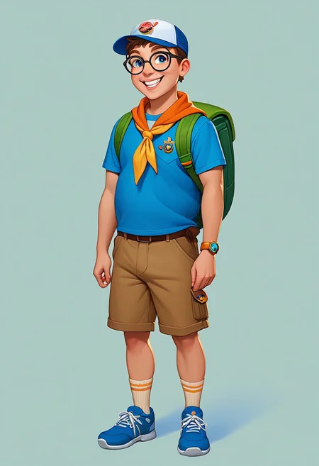 score_9, score_8_up, score_7_up, mgas, BREAK 1boy, little boy, solo, fat, smile, joyful, scout, without one tooth, teeth, short brown hair, blue eyes, round black-rimmed glasses, yellow handkerchief fastened with a bead around his neck, green backpack, red T-shirt with an orange pattern, brown shorts, brown strap with a gray buckle, light brown socks with thin stripes, blue shoes, blue and white cap, badge hanging on the strap of a backpack, BREAK his hands holding onto the straps of his backpack, standing, full body, full body shot, looking at viewer, semi-sideways, half-sideways, BREAK simple background, white background