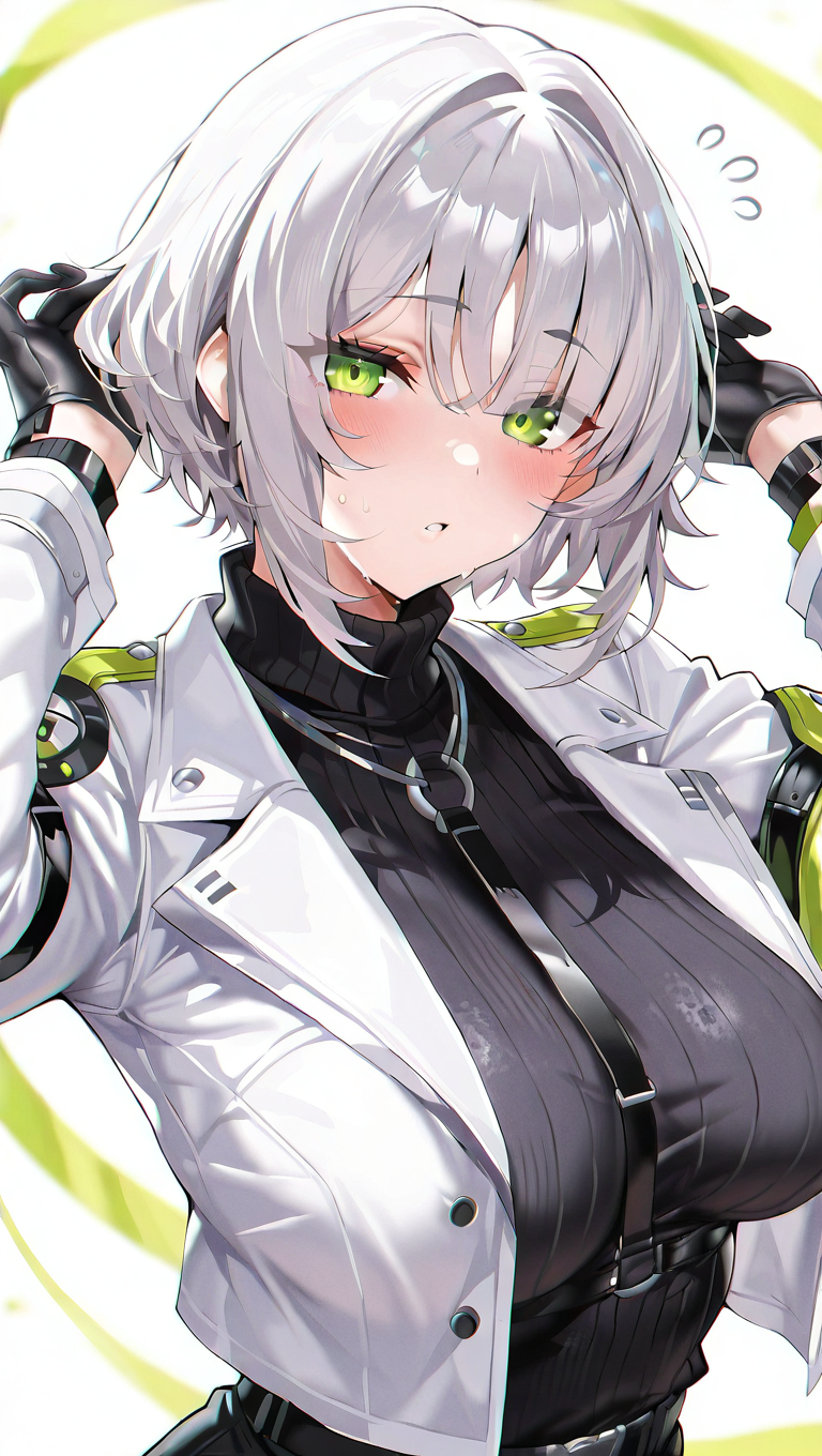 1girl, bangs, black gloves, black shirt, black sweater, blush, breasts, eyebrows visible through hair, flying sweatdrops, gloves, green eyes, hair between eyes, jacket, large breasts, long sleeves, looking at viewer, medium breasts, open clothes, open jacket, parted lips, ribbed sweater, short hair, silver hair, solo, sweater, turtleneck, turtleneck sweater, white background, white jacket, <lora:Tideflare:1>