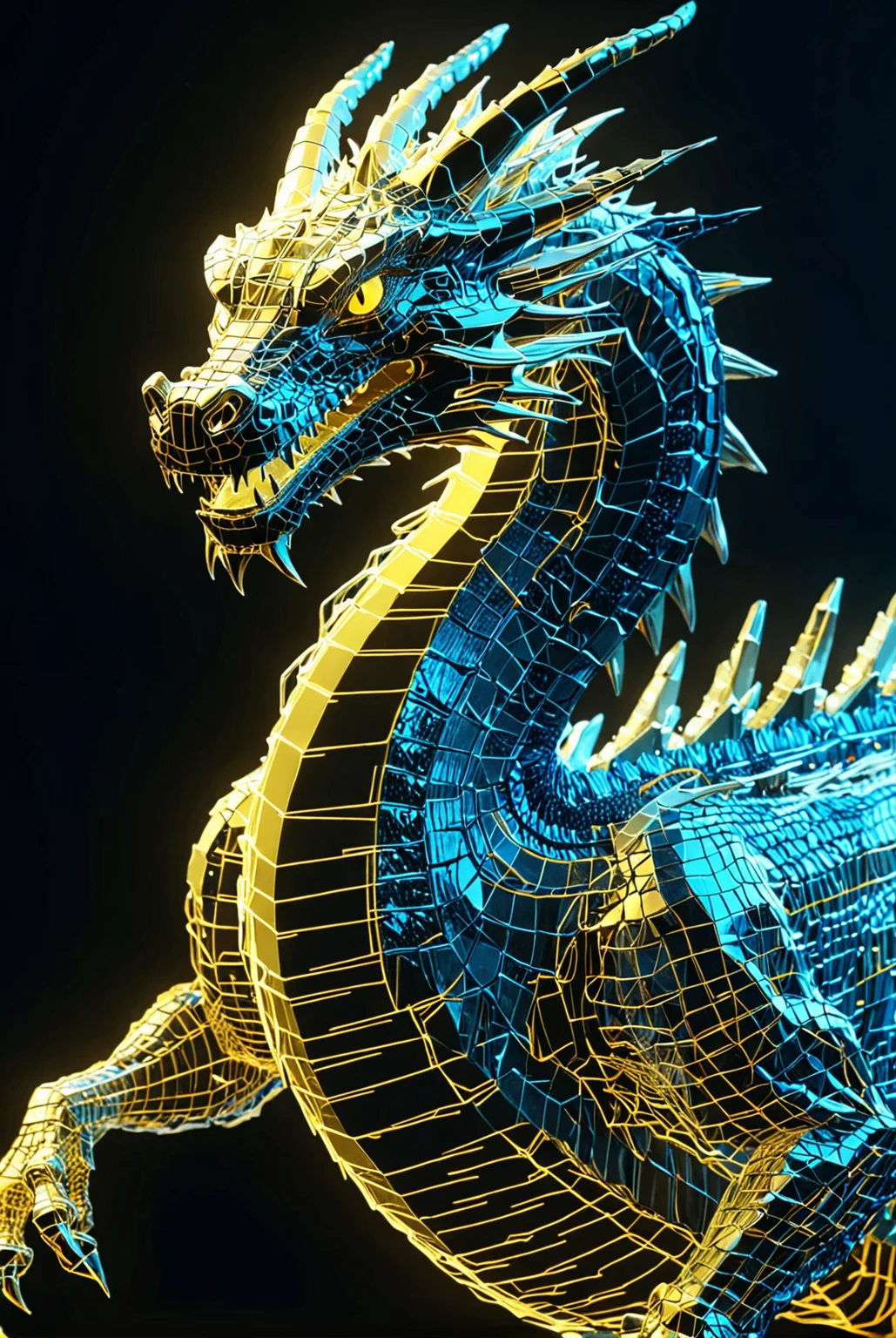 Digital Dragon, aqua wireframe of  dragon, vhs grain, navy lighting, golden reflections, CRT grain, white noise glitch, lineart
[high quality photo, 4k, hd, 7-AnalogueInterfaces, 7-vectors]
<lora:add-detail-xl:0.5> <lora:CRT Vectors v1.0:0.8>