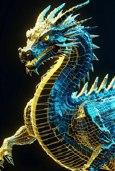 Digital Dragon, aqua wireframe of  dragon, vhs grain, navy lighting, golden reflections, CRT grain, white noise glitch, lineart
[high quality photo, 4k, hd, 7-AnalogueInterfaces, 7-vectors]
<lora:add-detail-xl:0.5> <lora:CRT Vectors v1.0:0.8>