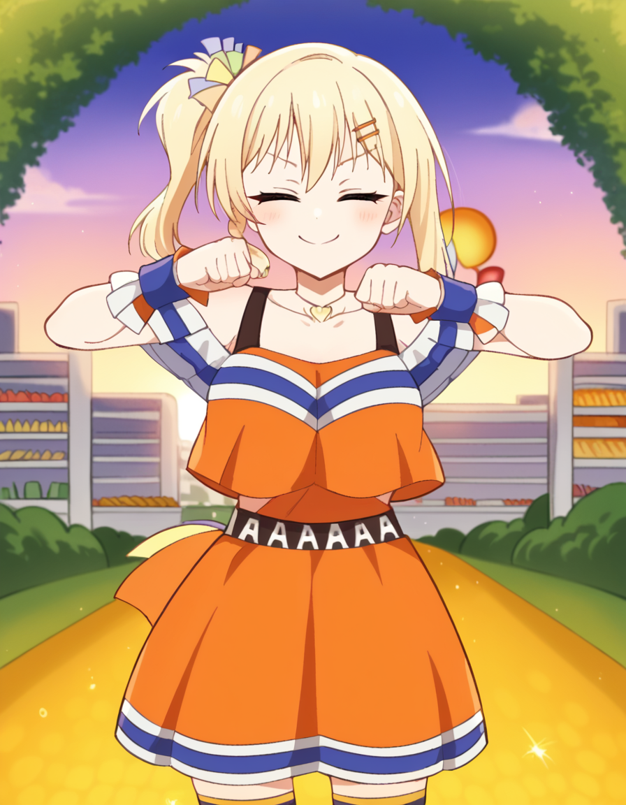 score_9, score_8_up, score_7_up, source_anime, <lora:ai-miyashita-saikou-heart-mv-ponyxl-lora-nochekaiser_r1:1>, ai miyashita, bangs, blonde hair, hair ornament, orange eyes, braid, sidelocks, medium hair, side ponytail, orange eyes, french braid,, skirt, thighhighs, jewelry, collarbone, necklace, off shoulder, tank top, wristband, cheerleader, pom pom (cheerleading), orange skirt, gyaru, heart necklace, supermarket, aisles, shopping, food, shelves, smile, <lora:shikairo-days-dance-ponyxl-lora-nochekaiser:1>, shikairo days dance, shikairo days dance (meme), dancing, meme, closed eyes, clenched hands, glowsticks, blush, smile,, looking at viewer, solo,, dutch angle, cowboy shot
