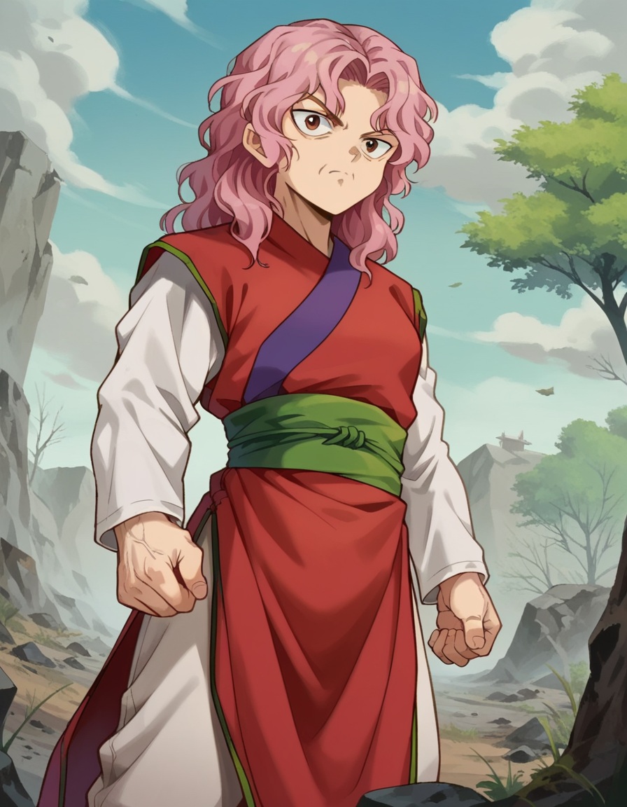 score_9, score_8_up, score_7_up, source_anime,
yyhgenkai, <lora:yyh-genkai-anime-ponyxl-lora-nochekaiser:1>,
genkai, long hair, brown eyes, pink hair, wrinkled skin, 
long sleeves, pants, sash, chinese clothes,
outdoors, wasteland,
looking at viewer, dutch angle, cowboy shot,