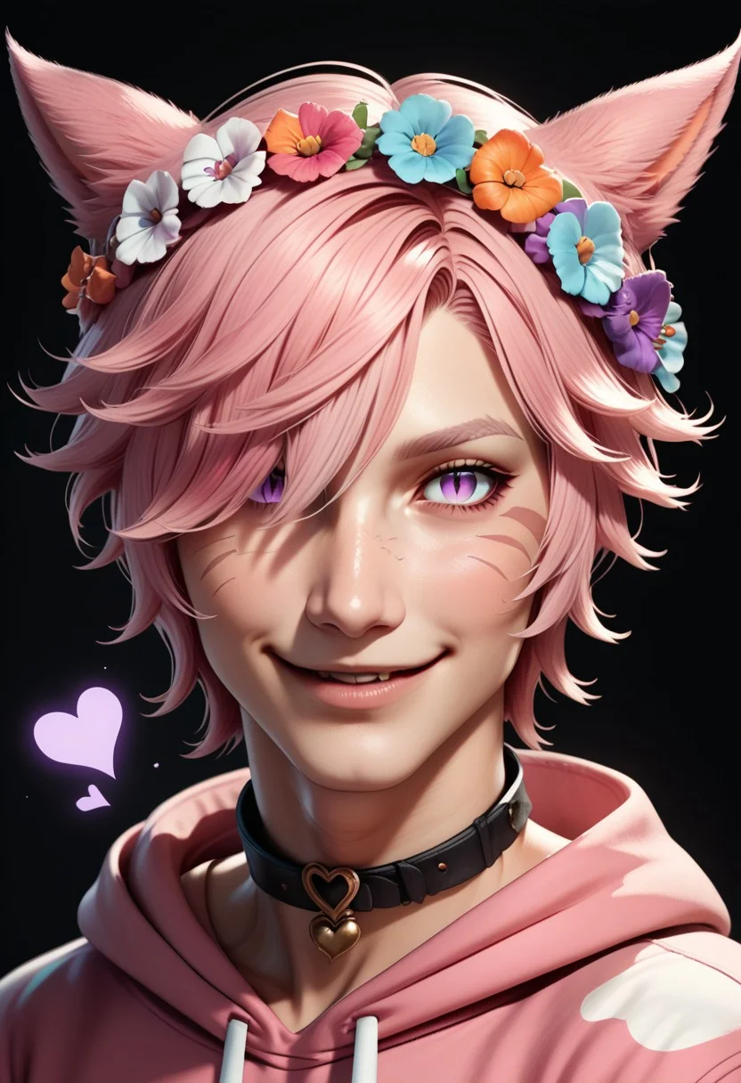 DskMiqo, 1boy, animal ears, avatar (ff14), black background, braid, cat girl, cat ears, animal ears, animal ear fluff, choker, collar, facial mark, flower, hair flower, hair ornament, hair over one eye, head wreath, heart, hood, hood down, rainbow hoodie, looking at viewer, male focus, miqo'te, pink hair, purple eyes, short hair, simple background, slit pupils, smile, solo, upper body, BREAK ,score_9, score_8_up, score_7_up, score_6_up, score_5_up, score_4_up,