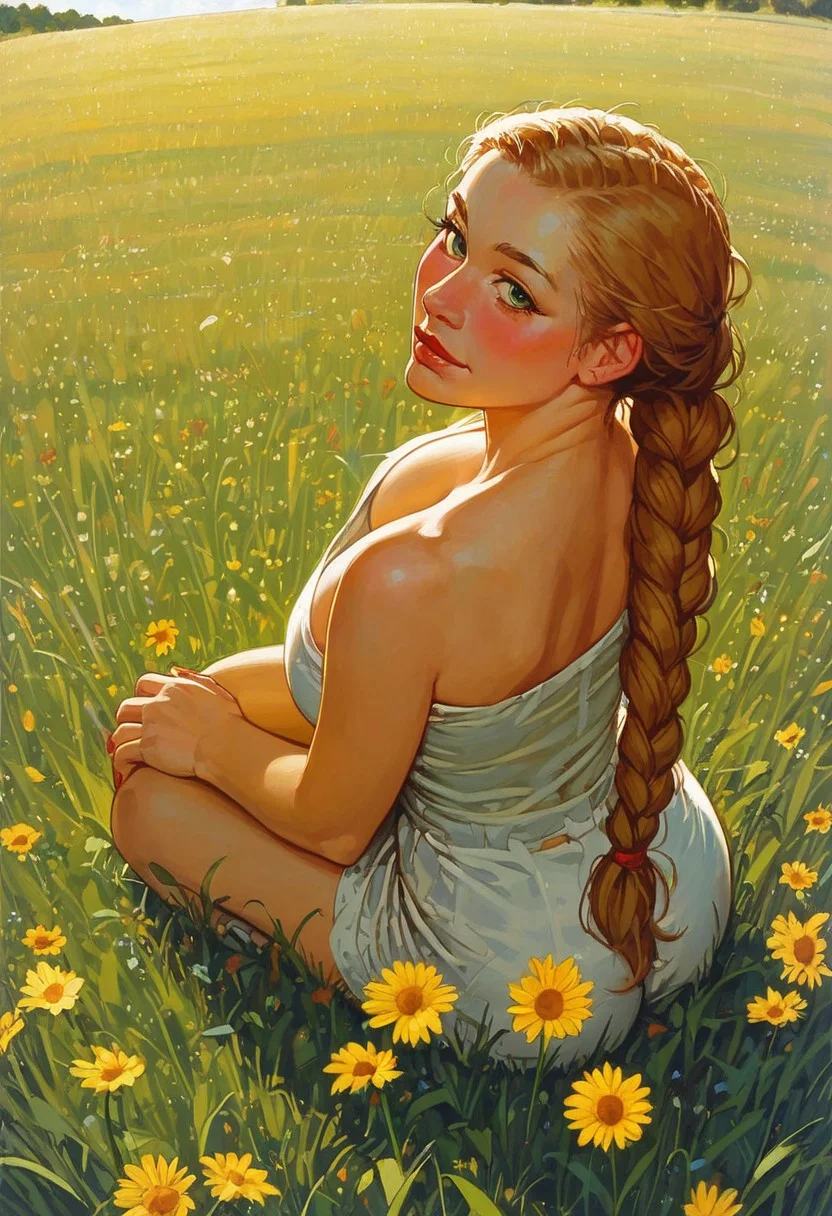 score_9, sexy 24 year old woman, farmer, hands between knees, field, n, blush, beautiful face, green eyes, amber hair, crownbraid, ponytail, cleavage, 1920 clothing dutch angle, red nail polish, sunlight, wind, flying leaves, sun flowers, corn field, lying on side, lying on haybail, ass view, looking at viewer from behind, posing
Expressiveh, , norman rockwell style, 1920 clothing