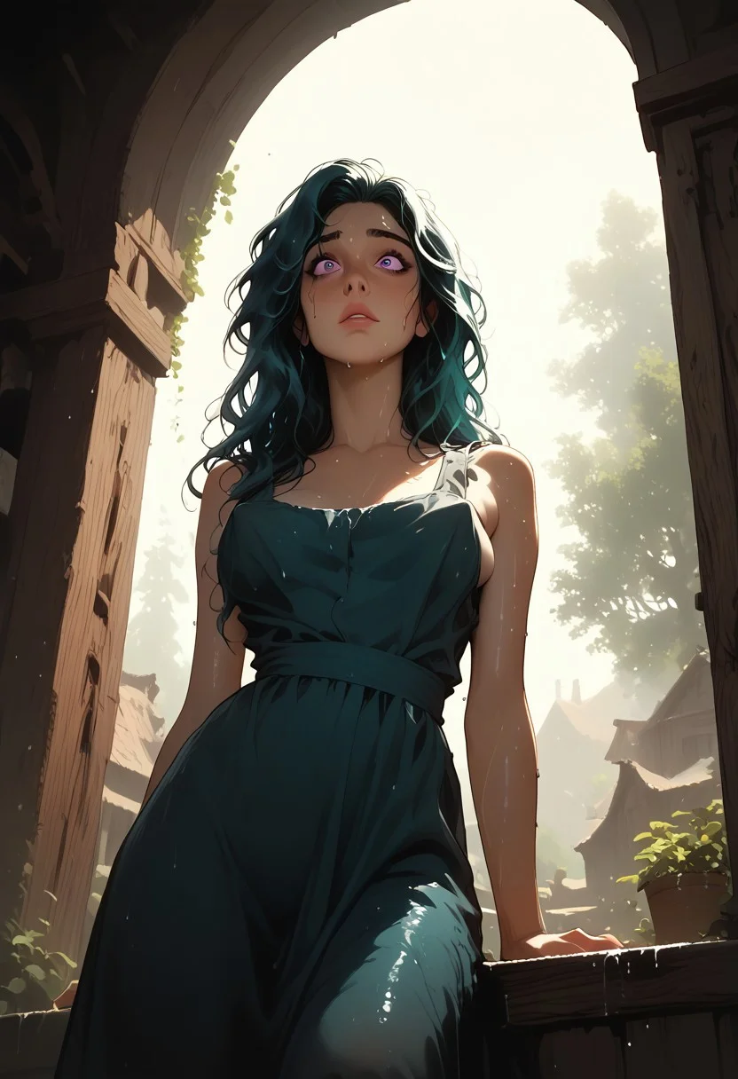 score_9, score_8_up, score_7_up, ExpresHGothicNeonIncase, detailed image, closeup, 1girl, wavy teal hair, mid-length, purple eyes, medium breasts, bnnnbrst, sagging, filthy peasant dress, tattered, soaked, dripping wet, no bra, nipple outline, gasping loudly, looking up, from below, outside, rainy village, muddy ground, dripping water, wet hair clinging, raw beauty, depth of field, soft focus, high contrast, volumetric lighting, cinematic lighting, minimal shadows, perfect composition