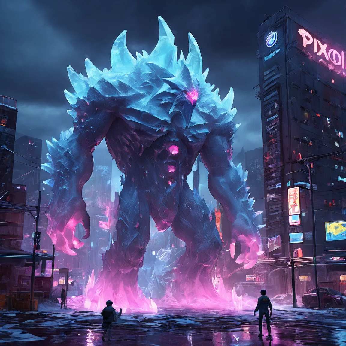 ice_art,ice,<lora:ice_art:1>, cyberpunk, in heavy raining futuristic tokyo rooftop cyberpunk night, sci-fi, fantasy, intricate, very very beautiful, elegant, neon light, highly detailed, digital painting, artstation, concept art, soft light, hdri, smooth, sharp focus, illustration,, cartoon monster, cute, big eyes, big mouth, art by gediminas pranckevicius and Alexander Jansson, pixar, centered, dramatic lighting, glowing light, simple solid background, no background, detailed face, cinematic, illustration, no gradient, trending on a