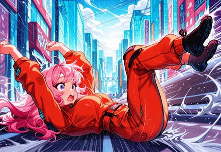 solo,
akira_slide, (on back, arms up, legs up), road, city, speed lines, [from side],
shouting, surprised,
CivChan, purple eyes, pink hair, jumpsuit, wind,
geneva_bowers, lianbiglian, (qqqrinkappp:0.3), (khyle.:0.3),
masterpiece, best quality, absurdres, [dynamic pose]