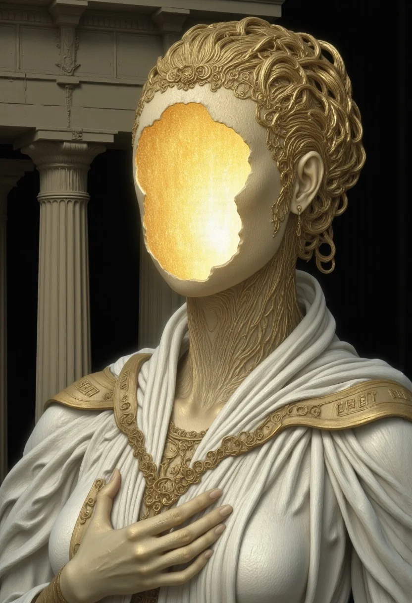 A close-up surreal portrait of an Ancient Greek priestess, standing before the sacred temple of Delphi, her body draped in flowing, white chiton robes that cascade gracefully over her shoulders. Her posture is poised and elegant, her hands raised before her, palms open as if offering herself to the gods. Her head is slightly tilted upward, her expression serene and timeless. Her head is a hollow, featureless piece of carved olive wood, perfectly smooth and rounded, with a large oval cutout at the center of her face, resembling the shape of an ancient Greek amphora. Inside the hollow head, a soft golden light glows, casting delicate rays through the amphora-shaped void, illuminating the textured wooden interior. The light is gentle and mystical, softly pulsating, casting elongated shadows across her chiton robes, detailed with delicate Greek key patterns embroidered in golden thread. Her head is crowned with a golden laurel wreath, its delicate leaves glowing faintly in the dim light. The laurel wreath wraps around the wooden head. The wooden head is polished and smooth, with faint carved patterns of Greek meanders echoing the ornate designs on her robes. The amphora-shaped void is the focal point, drawing the viewer’s eye, symbolizing the oracle’s divine visions and the emptiness of prophecy. The background is dark with faint columns of the Temple of Apollo rising in shadow, their Doric capitals illuminated softly by the golden light emanating from her hollow head.