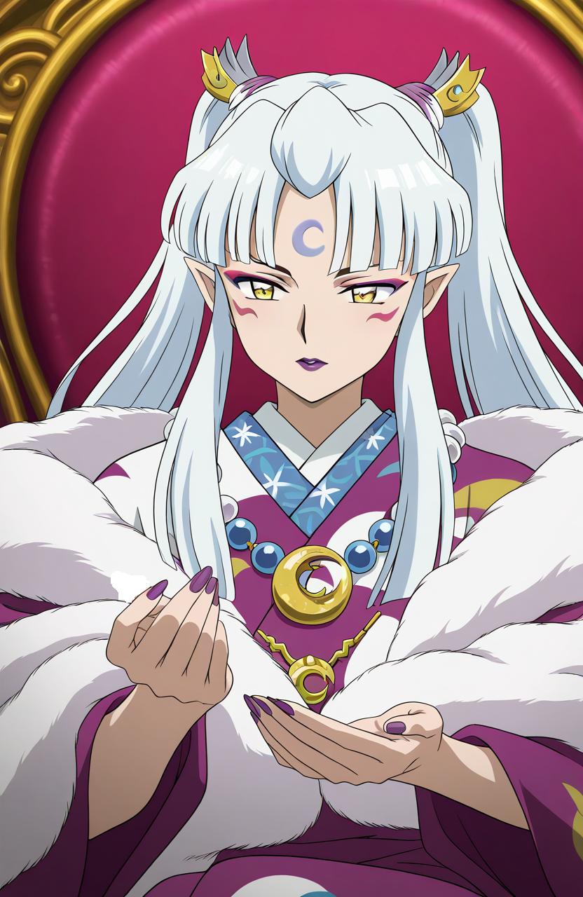 general,highres, ultra-detailed,very aesthetic,best quality ,best hands,  BREAK  <lora:Sesshomaru_no_Haha_IS:1>
Sesshomaru_no_Haha,pointy ears, japanese clothes, 1girl,solo, facial mark, kimono, white hair, long hair, 
yellow eyes, makeup, lipstick, forehead mark, crescent, necklace, fur, jewelry, purple lips, ponytail, twintails, fur trim, anime coloring, hair ornament, wide sleeves,
throneã