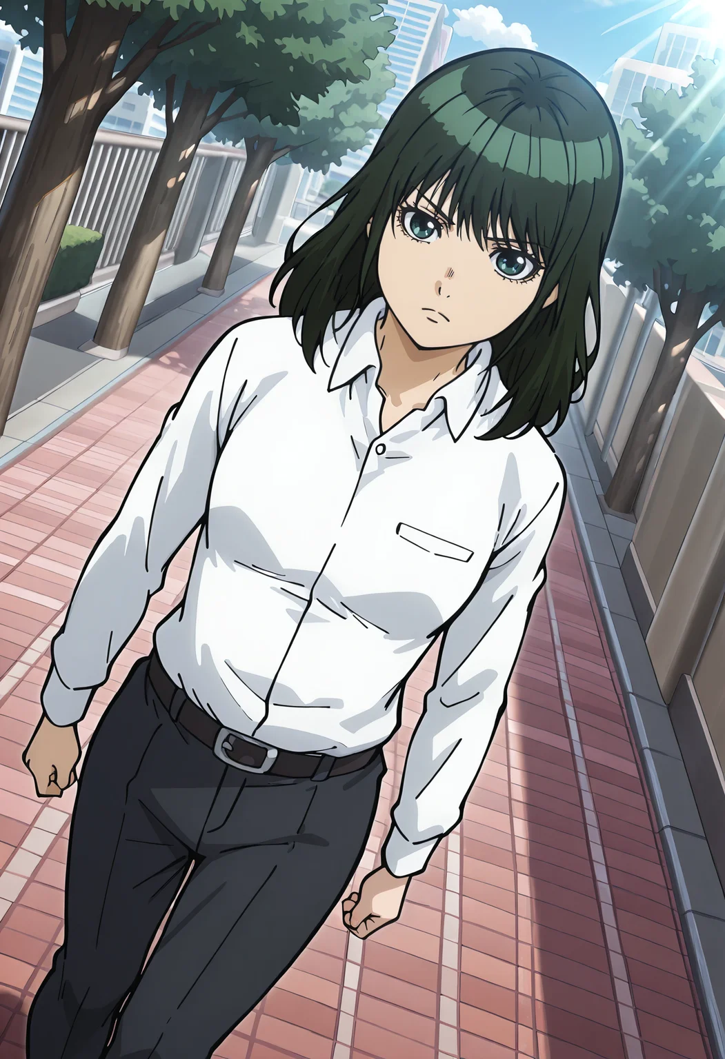best quality, amazing quality, perfect quality, high quality, masterpiece, absolutely eye-catching BREAK
<lora:Police_in_a_Pod_-_Miwa_Makitaka:1> HakozumeMiwa, green eyes, green hair, long hair, choppy bangs, hair down, small breasts BREAK
white collared shirt, long sleeves, black belt, black pants, black mary janes BREAK
outdoors, city, trees, blue sky, sunlight BREAK
1girl, solo, serious, walking, cowboy shot, dutch angle, from above