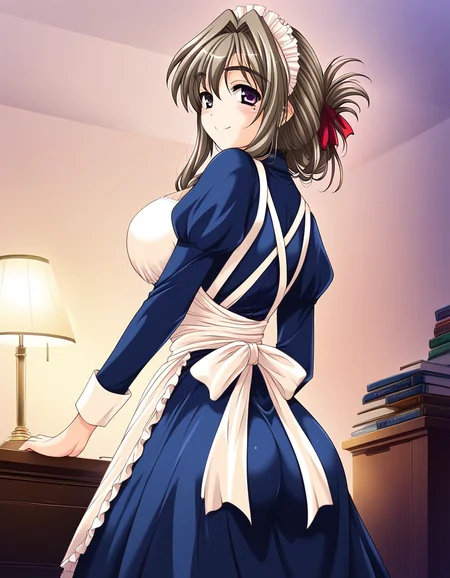 score_9, score_8_up, score_7_up, source_anime, rating_explicit, BREAK <lora:Tomosato_Shiori_Ver2.0_XL:1> TomosatoShiori, brown hair, large breasts, purple eyes, hair intakes, hair ribbon, red ribbon, folded ponytail, solo,
1girl, solo, maid, book, apron, maid headdress, smile, looking back, long sleeves, ribbon, indoors, lamp, breasts, blush, looking at viewer, butt,
smile,
looking at viewer,
cowboy_Shot,