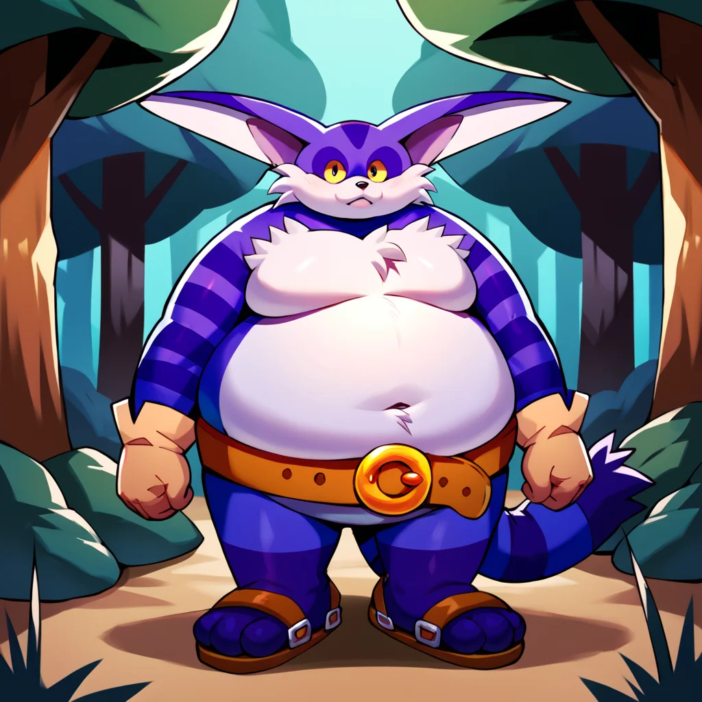 score_9, score_8_up, score_7_up, score_6_up, score_5_up, score_4_up, source_cartoon, <lora:Big_The_Cat_V2_Sonic_The_Hedgehog_PonyXL:1> big the cat, big, cat, furry, fat, obese, purple skin, white fluffy belly, yellow sclera, long ears, stripey arms, stripey tail, gloves, belt, sandals, three toes, purple feet, wandering in the forest, looking at viewer, forest background