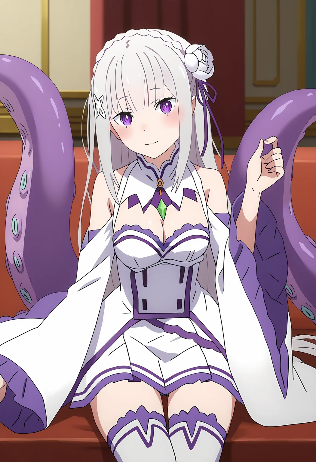 score_9, score_8_up, score_7_up, source_anime, rating_explicit,
BREAK
<lora:shiTentV1:1>,
shihybridcle, tentacle girl, tentacles,
1girl, solo, anime screencap, anime coloring,
<lora:shiEmiliaV2:1> shimilia, long hair, grey hair, purple eyes, pointy ears, crown braid, hair flower, hair ribbon, purple ribbon, x hair ornament, white dress, cleavage, bare shoulders, wide sleeves, white thighhighs, thigh boots,
looking at viewer, blush, smile, head tilt,
