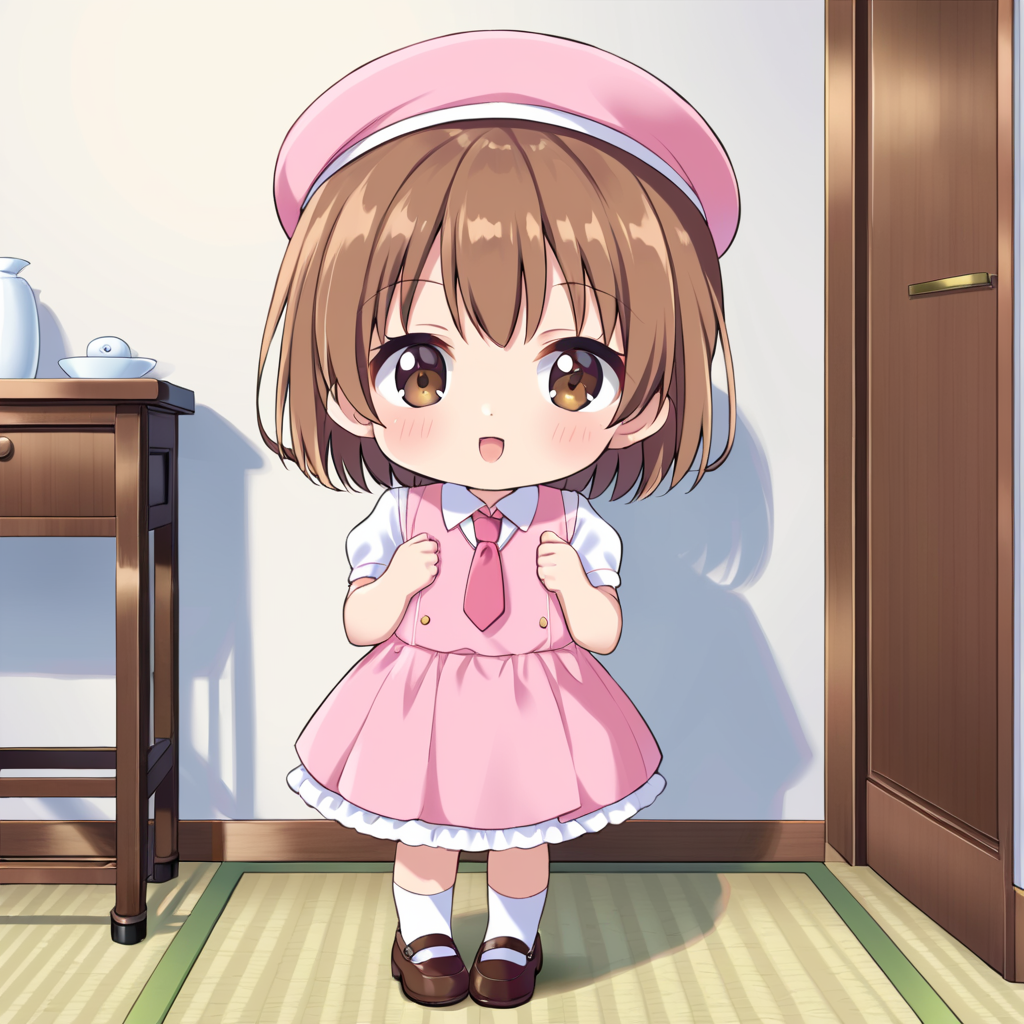 indoors,  <lora:Amatsuka_Sakura_IS:1> amatsukasakura, 1girl, solo, brown hair, short hair, brown eyes, necktie, pink headwear, pink hat, pink dress, white vest, necktie, dress, short sleeves, shoes, brown footwear, mary janes, child, chibi
