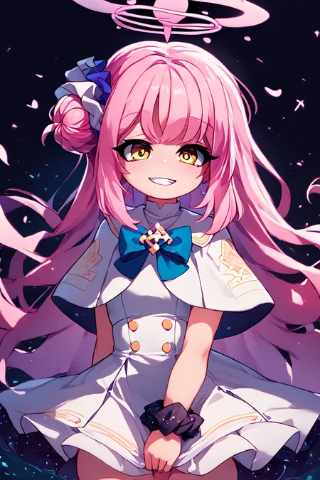 score_9, score_8_up, score_8, BREAK, , ,,, <lora:MikaMisono_BlueArchive_PDXL:1>, zzMika, pink hair, halo, yellow eyes, long hair, single side bun, hair flower, pink halo, hair ornament, white dress, blue bow, hair bun, scrunchie, white capelet, ,,, , BREAK, smile, looking at viewer, cowboy shot, ,,, embedding:zPDXL, Expressiveh, ,,, <lora:Zankuro_Style_PDXL:0.8> <lora:SDXLFaeTastic2400:0.5>, <lora:Expressive_H-000001:0.4>,