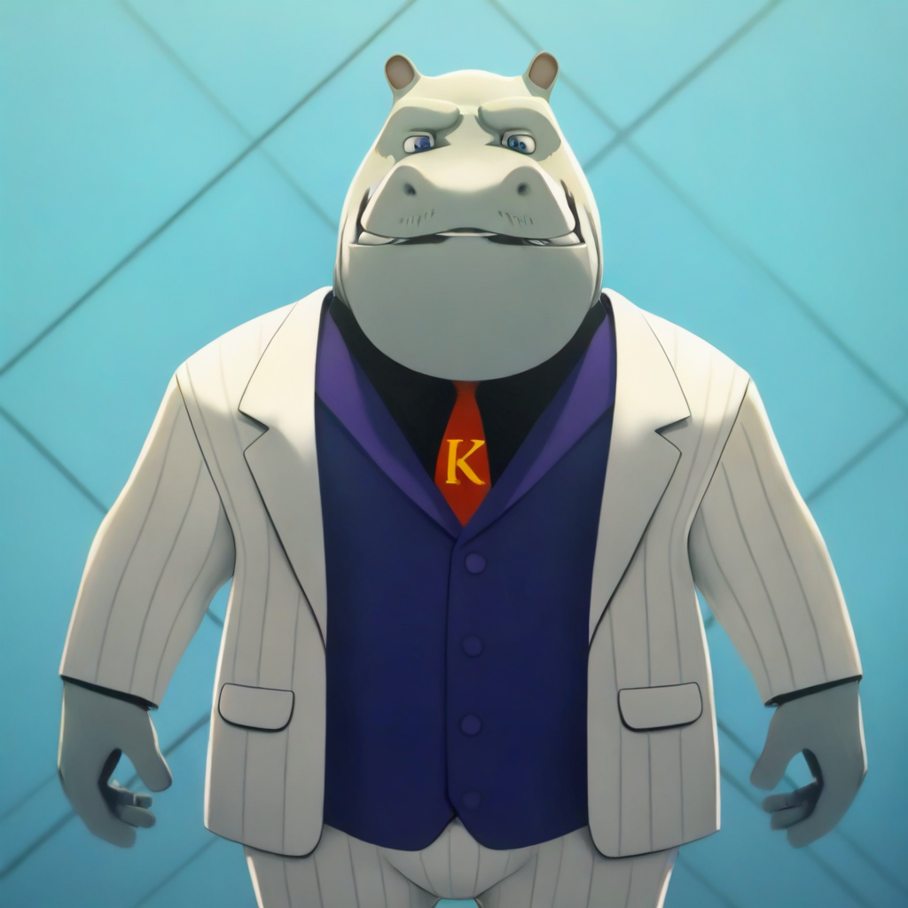 King, large humanoid, hippo, furry male, white pinstripe suit, red tie with the letter K printed on it, formal, black top, facial hair, blue eyes, purple vest, long sleeves, striped white pants, black shoes, masterpiece, best quality, amazing quality, looking at viewer, male focus, solo, detailed lobby background,