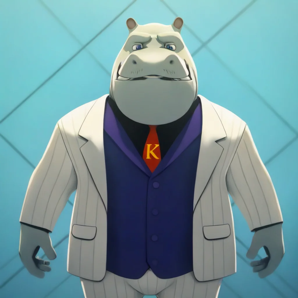 King, large humanoid, hippo, furry male, white pinstripe suit, red tie with the letter K printed on it, formal, black top, facial hair, blue eyes, purple vest, long sleeves, striped white pants, black shoes, masterpiece, best quality, amazing quality, looking at viewer, male focus, solo, detailed lobby background,
