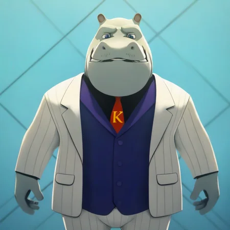 King, large humanoid, hippo, furry male, white pinstripe suit, red tie with the letter K printed on it, formal, black top, facial hair, blue eyes, purple vest, long sleeves, striped white pants, black shoes, masterpiece, best quality, amazing quality, looking at viewer, male focus, solo, detailed lobby background,