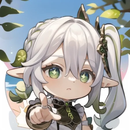 masterpiece, best quality, chibi, 1girl, solo, nahida_genshin, maid uniform, cross-shaped pupils, pointing <lora:GenshinStickers:1> <lora:Nahida:1>
