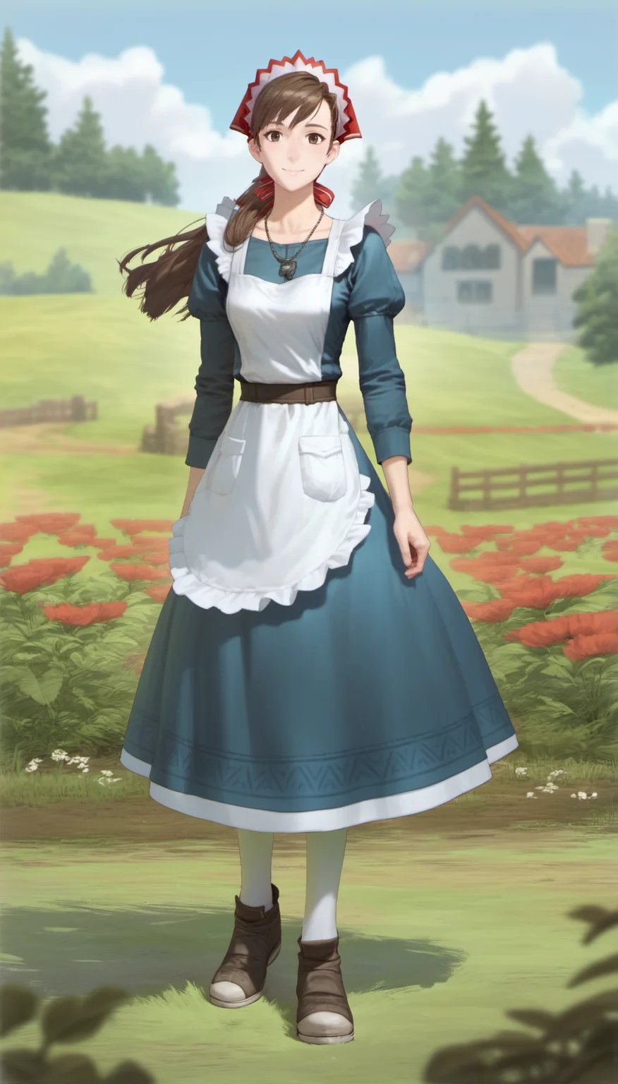 score_9,score_8_up,score_7_up,
<lora:aliciamelchiott:0.9>,
aliciamelchiot,
awakened valkyria,
realistic,
1girl,solo,
brown hair,low ponytail,
brown eyes,looking at viewer,smile,
headdress,necklace,blue dress,white apron,white pantyhose,leather shoes,
full body,
blurry background,bloom,lights particle,outdoors,countryside,vignetting,particle effects,lens flare,