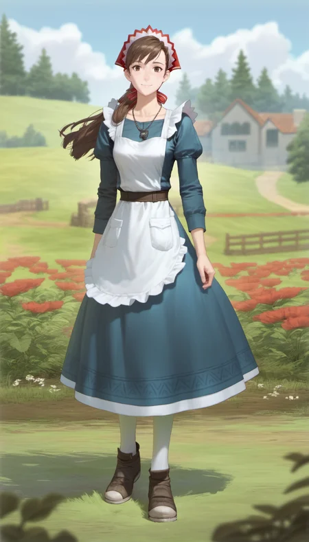 score_9,score_8_up,score_7_up,
<lora:aliciamelchiott:0.9>,
aliciamelchiot,
awakened valkyria,
realistic,
1girl,solo,
brown hair,low ponytail,
brown eyes,looking at viewer,smile,
headdress,necklace,blue dress,white apron,white pantyhose,leather shoes,
full body,
blurry background,bloom,lights particle,outdoors,countryside,vignetting,particle effects,lens flare,