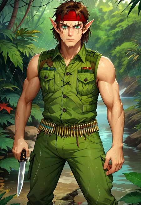 Male elf, solo, muscular, green vest, dark brown hair, green eyes, green cargo pants, black military boots, red headband, bullet belt, jungle, river, face scars, wet, rain, eye scar, holding_knife, knife, holding_weapon, KN1F3L1CKV1,