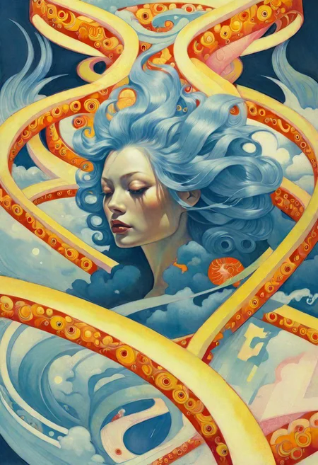 Ophanim hovers over Ava Gardner, forest, 
(James Jean Art Style) surreal<