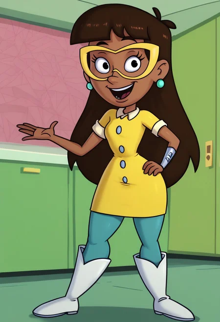score_9, score_8_up, score_7_up, BREAK 14-biss VicSol, 1girl, brown skin, long dark brown hair, blunt bangs, black eyes, yellow glasses, cyan pearl earrings, right arm metal bracelet, short-sleeved buttoned yellow dress, blue tights, long white boots, full body, solo, solo focus, alone, happy at viewer, cartoon, source_cartoon, home indoors, home background,