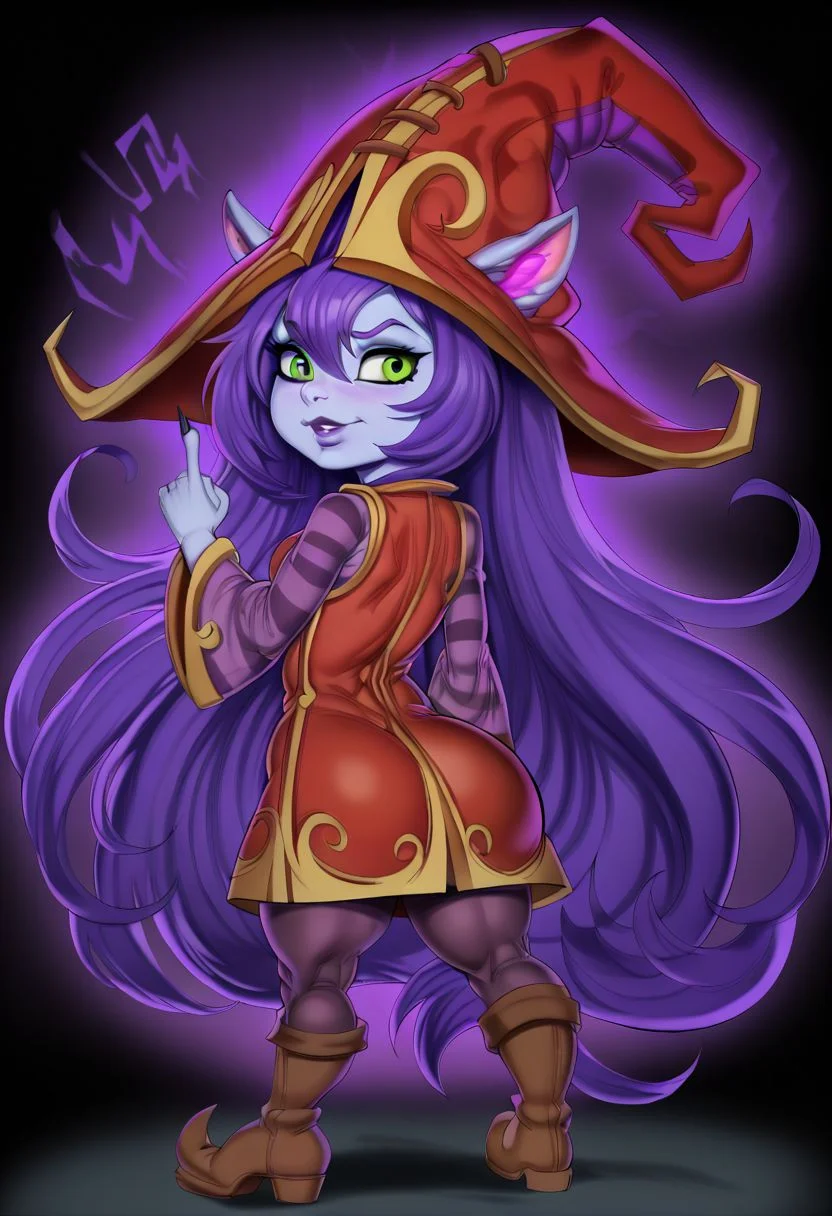 jmgn, 1 girl
BREAK
LuluLoLXL, yordle, shortstack, green eyes, looking behind, pointing glowing index finger to skirt, ((glowing index finger)), slim physique, purple hair, very long hair, sidelocks, bangs, animal ears, purple skin, colored skin, witch hat, ears through headwear, red dress, purple striped sleeves, purple pantyhose, boots , (back view)