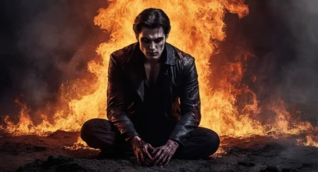 Dark Fantasy Art of  <lora:cinematic vampire film style:1>
a vampire man sitting on earth ground while being disintegrated in flames by the heat of the sun cinematic vampire film style, dark, moody, dark fantasy style