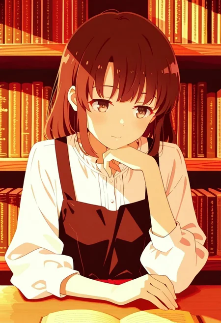 flat color, no lineart, blending, negative space,anime-style,
1girl,Megumi <lora:IL-KatoMegumi:0.8>,brown hair,katou megumi,brown eyes, old bookstore,dark apron over,white blouse,thoughtful expression, resting her chin on her hand,wooden shelves filled with neatly arranged book behind, nostalgic atmosphere, soft lighting