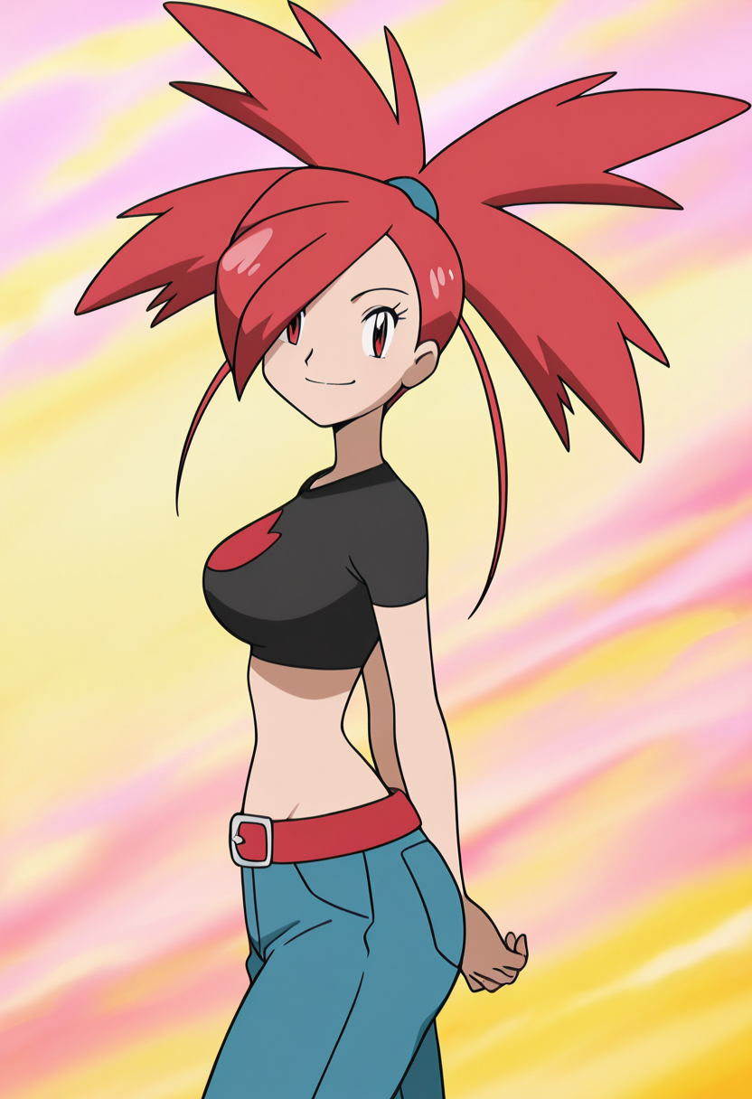 masterpiece, best quality, solo, curvy, beautiful eyes, aged up, large breasts, wide hips, narrow waist, 1girl, solo, smile, looking at viewer,  zzFlannery, red eyes, hair over one eye, big hair, ponytail, red hair, spiked hair, long hair,   crop top, midriff, red belt, denim jeans,  ,<lora:FlanneryPokemon_IXL:1.0>,   upper body, side view, smile, looking at viewer, shiny skin,