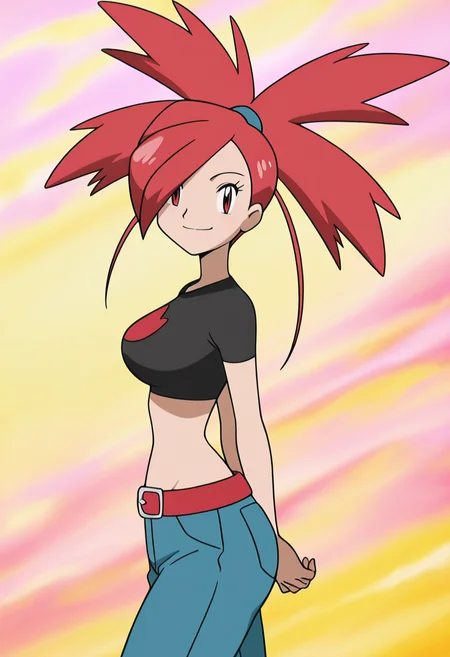 masterpiece, best quality, solo, curvy, beautiful eyes, aged up, large breasts, wide hips, narrow waist, 1girl, solo, smile, looking at viewer, zzFlannery, red eyes, hair over one eye, big hair, ponytail, red hair, spiked hair, long hair, crop top, midriff, red belt, denim jeans, ,<lora:FlanneryPokemon_IXL:1.0>, upper body, side view, smile, looking at viewer, shiny skin,