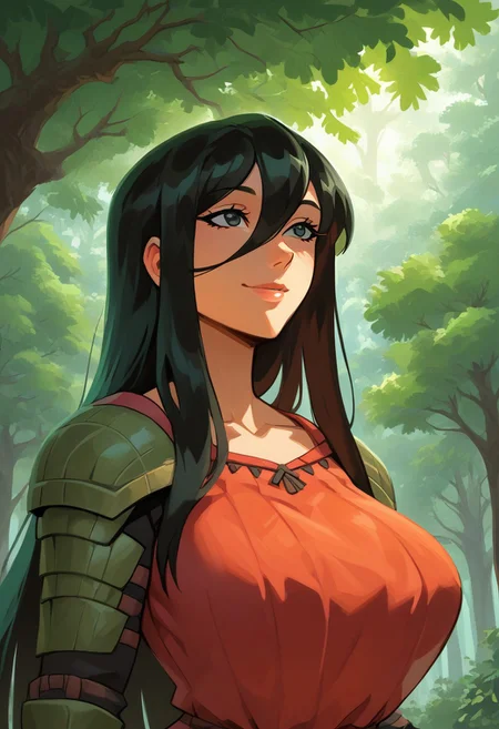 very long black hair, hair between eyes, smile, portrait, dense foliage, gigantic trees, woman standing at the bottom of a colossal tree, looking up, voluptuous, upper body, rays of light piercing through the leaves, 1 tree, singular huge tree in the background, (((wide hips))), backlit, edgelit, dynamic lighting, armor, helmet, pauldrons, chestplate,