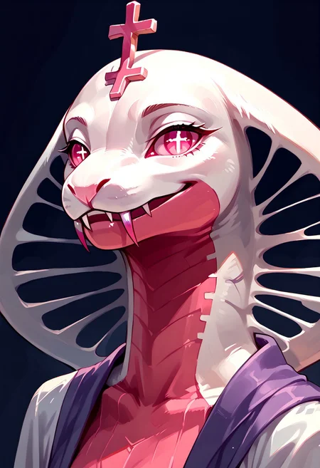 score_9, score_8_up, score_7_up, easynegative, realistic style, symphtia-style, detailed face, solo, anthro, furry, Expressiveh, masterpiece, raw quality, best quality, extremely detailed, stunning beautiful, high definition, HD, cute, Median(FV), anthro, furry, Snake girl, anthro, female reptile, white and pink body, holes in snake hood, long tail, pink eyes, cross shaped pupils, head ornament (cross), fangs, looking at viewer, light smile, 3/4 view, side view, close-up, face focus, BREAK masterpiece, best quality, very aesthetic, perfect eyes, textured fur, open smile,