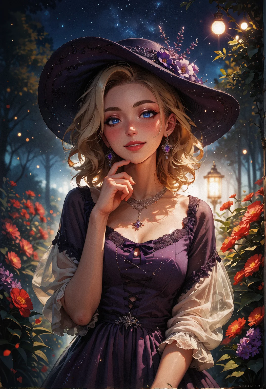 score_9, score_8_up, score_7_up, score_6_up, score_5_up, score_4_up,   1woman, (beautiful face, cute face, 18 years old), blonde, short laced hair, outdoors, plants, flowers, soft lighting, smiling, blush, looking at viewer,  blue eyes, hands on chest, leaning forwards, night, bokeh, moonlight, tan skin, standing, dusk, particles  <lora:sdxl\Expressive_H-000001:0.6>, expressiveH <lora:sdxl\vixon_pony_gothic_neon:0.4> <lora:sdxl\incase_style_v3_ponyxl_ilff:0.3> <lora:sdxl\sinfully_stylish_SDXL:0.4> <lora:sdxl\wrenchrococodomepdxl-000007:0.8>, purple wrenchrococodome, purple gown, hat