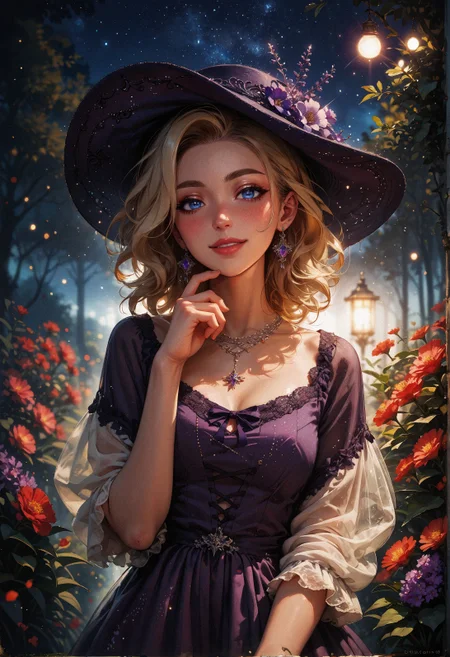 score_9, score_8_up, score_7_up, score_6_up, score_5_up, score_4_up,   1woman, (beautiful face, cute face, 18 years old), blonde, short laced hair, outdoors, plants, flowers, soft lighting, smiling, blush, looking at viewer,  blue eyes, hands on chest, leaning forwards, night, bokeh, moonlight, tan skin, standing, dusk, particles  <lora:sdxl\Expressive_H-000001:0.6>, expressiveH <lora:sdxl\vixon_pony_gothic_neon:0.4> <lora:sdxl\incase_style_v3_ponyxl_ilff:0.3> <lora:sdxl\sinfully_stylish_SDXL:0.4> <lora:sdxl\wrenchrococodomepdxl-000007:0.8>, purple wrenchrococodome, purple gown, hat