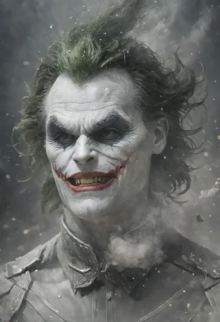 Super Closeup Portrait, Illustrate the imminent culmination of a joker2 form being sculpted from the delicate fusion of White powder and smoke capturing the ethereal Action Shot moment just before its completion, where the merging elements hint at the finality of a harmonious synthesis.
very detailed, hd, RAW photograph, masterpiece, top quality, best quality, official art,highest detailed, atmospheric lighting, cinematic composition, complex multiple subjects, 4k HDR, vibrant, highly detailed, Leica Q2 with Summilux 35mm f/1.2 ASPH, Ultra High Resolution, wallpaper, 8K, Rich texture details, hyper detailed, detailed eyes, detailed background, dramatic angle, epic composition, high quality , (8k, RAW photo, highest quality), hyperrealistic,