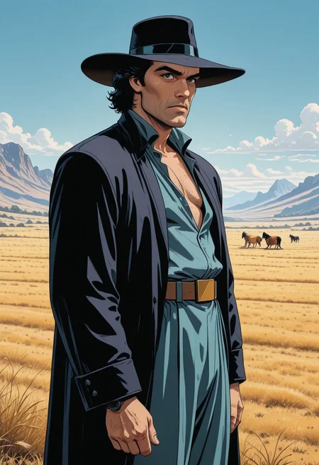 A close-up comic book style illustration in the style of Moebius, showing a tall, slender, stylish, roguishly handsome man, a mysterious character who is half-samurai and half-cowboy, wearing a stylish suit and black, broad-billed hat, stands isolated in a bleak, rural landscape, noice cyberpunk comic book style, inspired by the artwork of Enki Bilal, Geoff Darrow, Philippe Druillet, Edgar P. Jacobs, Brandon Graham, Linnea Sterte, James Stokoe, Hayao Miyazaki, Katsuhiro Otomo, François Schuiten, 
anime meets ligne claire meets Americana, Westworld meets Cowboy Bebop, the man in black, RvR_Comic_Style