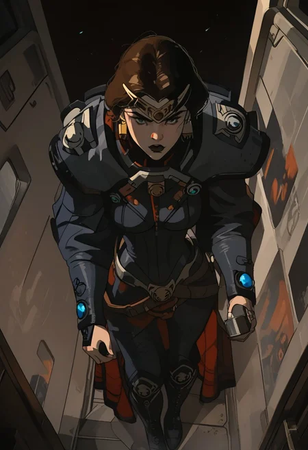 Marlena_BA, battle armor, unique angle, unique perspective, dramatic angle, a girl, long hair, ponytail, brown hair, glowing green pupils eyes, black lips, big breasts, wide hips, rings, mascara, dynamic action pose, indoor, in space ship, in hangar. all dark, scenery, cinematic lighting, volumetric lighting
BREAK
score_9, score_8_up, score_7_up, rating_explicit