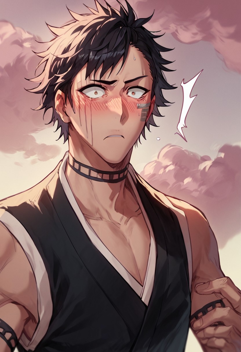 score_9, score_8_up, score_7_up, score_6_up, score_5_up, score_4_up, HisagiShuhei69, 1boy, upper body, black sleeveless Kimono, surprised, blushing, pink cloud behind him, looking at viewer