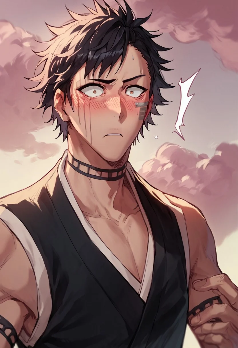 score_9, score_8_up, score_7_up, score_6_up, score_5_up, score_4_up, HisagiShuhei69, 1boy, upper body, black sleeveless Kimono, surprised, blushing, pink cloud behind him, looking at viewer