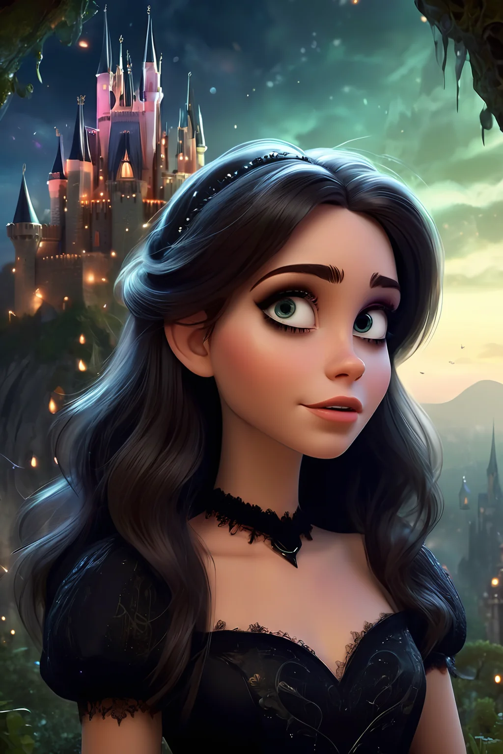 Hyperdetailed Photography, cute disney styled evil horror princess, long scruffy hair, , eyeliner, (detailed face), black dress, black collar, reflection, (fantasy horror castle background, overlooking cliff, particles, mist, fog, night, lots of details), sharp focus, (pixar style:1.2), <lora:Fantasy_realistic_pixar_style-000004:0.8>